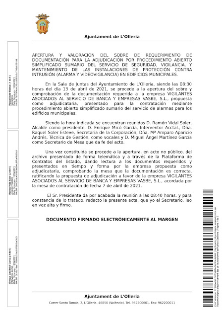 Adjudicada la seguridad de los edificios municipales del Ayuntamiento de L'Olleria 