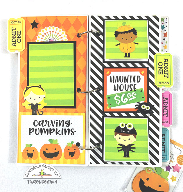 Candy Carnival Halloween Scrapbook Album page with costumes, pumpkins, and fireworks