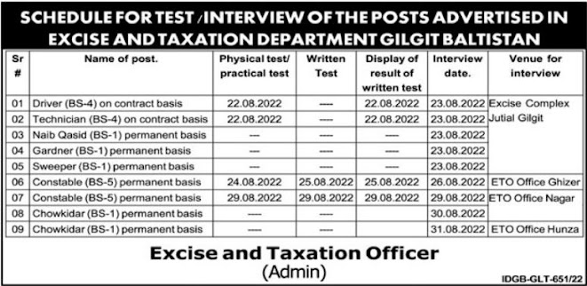Latest Excise Taxation Department Management Posts Gilgit 2022