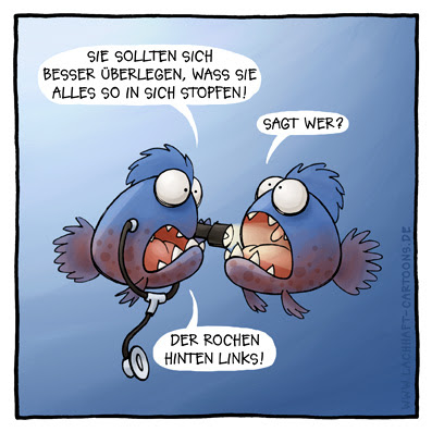 Piranhas verfressen stopfen Arzt Arztbesuch Untersuchung krank Rochen Taschenlampe Cartoon Cartoons Witze witzig witzige lustige Bildwitze Bilderwitze Comic Zeichnungen lustig Karikatur Karikaturen Illustrationen Michael Mantel lachhaft Spaß Humor