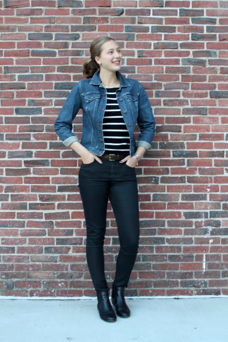 jean jacket, striped boatneck shirt and black skinny jeans for a cute fall look