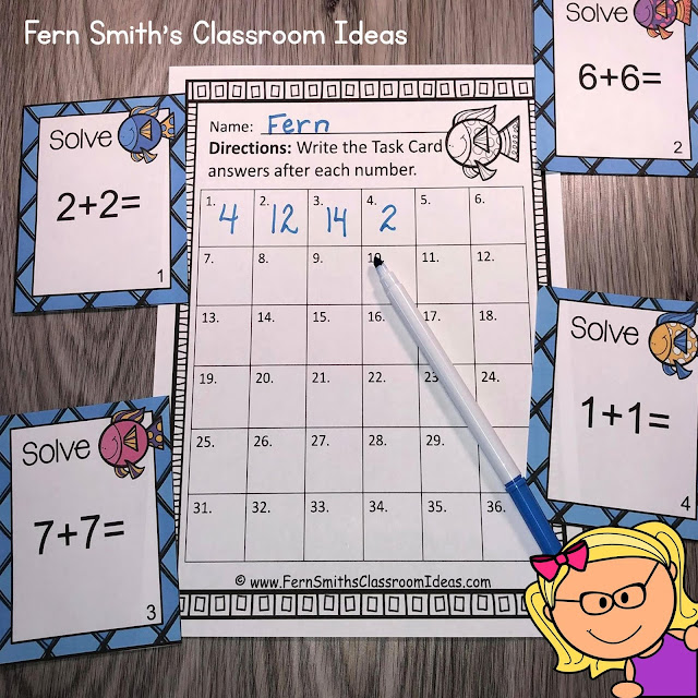 You will love how easy it is to prepare these Ocean Themed Addition and Subtraction Task Cards for Addition Doubles, Addition Doubles Plus One, Plus One, Plus Two, Plus Zero, Subtraction Doubles, Subtraction Doubles Plus One, Subtract One, Subtract Two, and Subtraction of Zero for your class. #FernSmithsClassroomIdeas