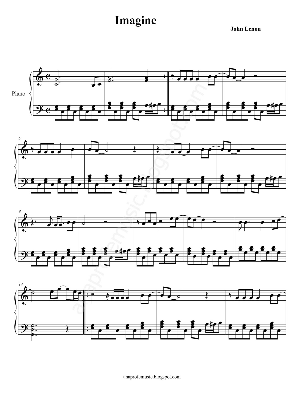 AnaProfeMusic: Imagine, de John Lenon (partitura para piano Fácil)