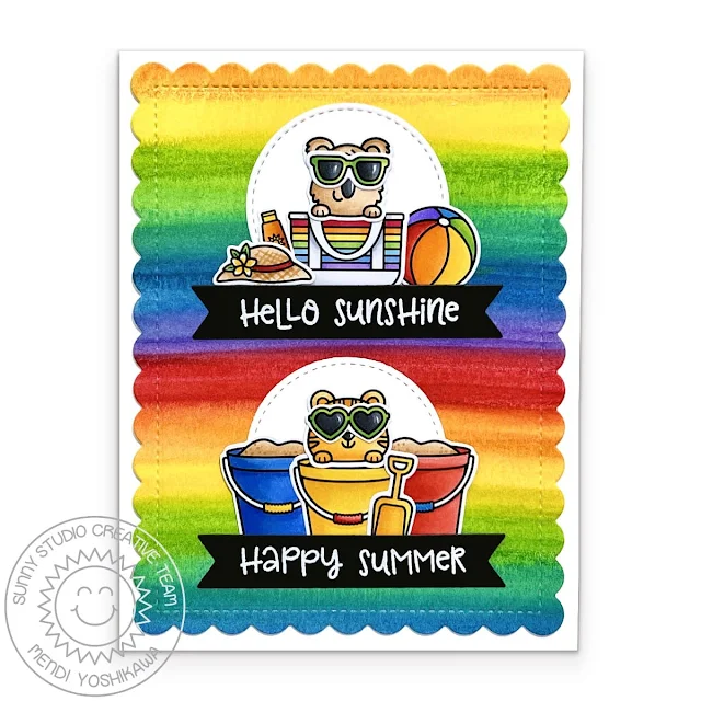 Sunny Studio Rainbow Watercolor Striped Summer Card using Beach Buddies & Beach Babies Clear Craft Stamps & Metal Cutting Die