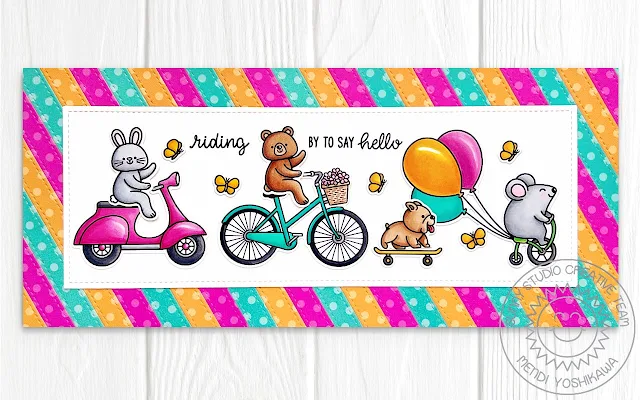 Sunny Studio Slimline Riding By To Say Hello Card (using Birthday Mouse, Critters on the Go Stamps, Ribbon & Lace Border Dies, Polka-dot Parade & Dots & Stripes Pastels Paper)