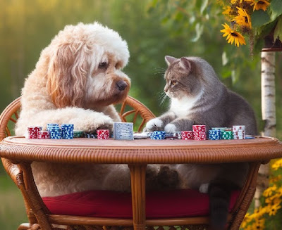 Perro jugando al poker con un gato principiante