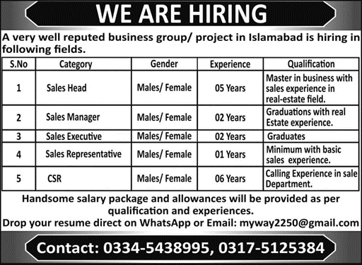 Sales & Marketing Jobs in Islamabad 2024 in Real Estate Company