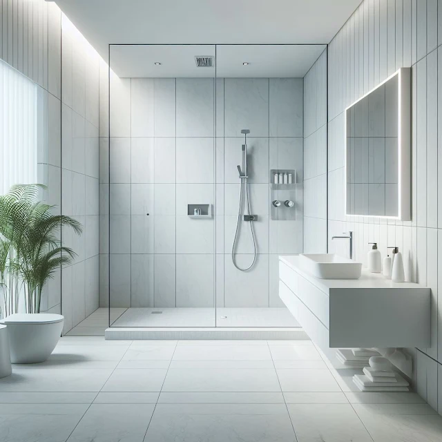 Modern minimalist bathroom photo white tones, clean lines, monochrome fixtures. Frameless glass shower, floating vanity, recessed lighting for serene elegance.