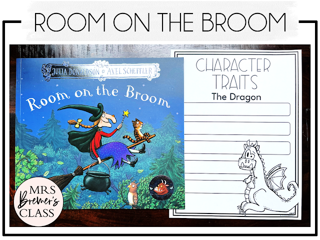 Room on the Broom book activities unit with read aloud companion printables, reading comprehension worksheets, literacy lesson ideas, and a craft for Halloween in Kindergarten, First Grade, and Second Grade