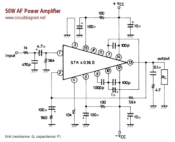 50W AF Power Amplifier with STK4036II Schematic Circuit