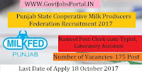Punjab State Cooperative Milk Producers Federation Recruitment 2017 – 175 Clerk-cum-Typist, Laboratory Assistant