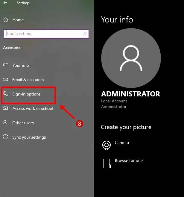 sign in option windows 10