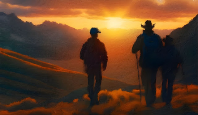 three men hiking into the sunset