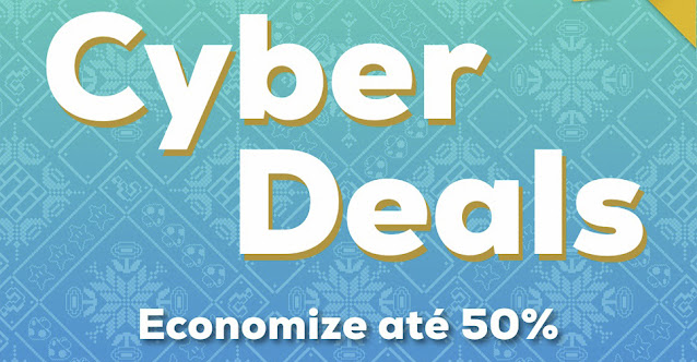 Imagem escrito "Cyber Deals – Economize até 50%" com um fundo natalino.