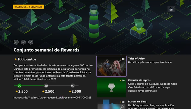 Conjunto semanal de Rewards: 100 puntos