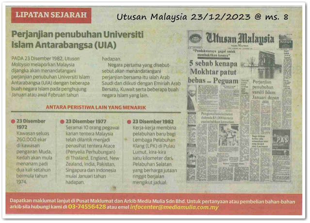 Lipatan sejarah 23 Disember - Keratan akhbar Utusan Malaysia 23 Disember 2023