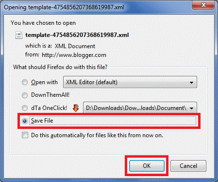 Langkah ketiga: Klik 'Save File', lalu klik 'OK' untuk mendownload template blog Anda (Gambar tidak terlihat? Klik kanan tulisan ini, lalu pilih 'Reload Image')
