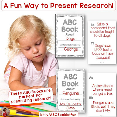 A Fun Way to Present Research! It's fun for children to show off what they learned by making an ABC book of their knowledge! This blog post has suggestions, examples, and a resource to help the children share their learning!