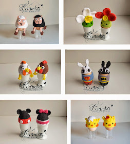 Krawka: Easter egg cozies/ egg warmers. Great as an original table decoration. Free patterns for chicks, hens, mickey mouse and Minnie mouse, superhero bunnys, sheeps