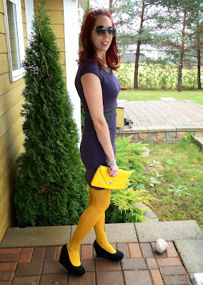 yellow butterfly Zohara tights with The Embellished Room purple dress, H&M Sunglasses and wedged heeled shoes, vintage clutch, Shop For Jayu collar necklace, toronto fashion and style colour blocking