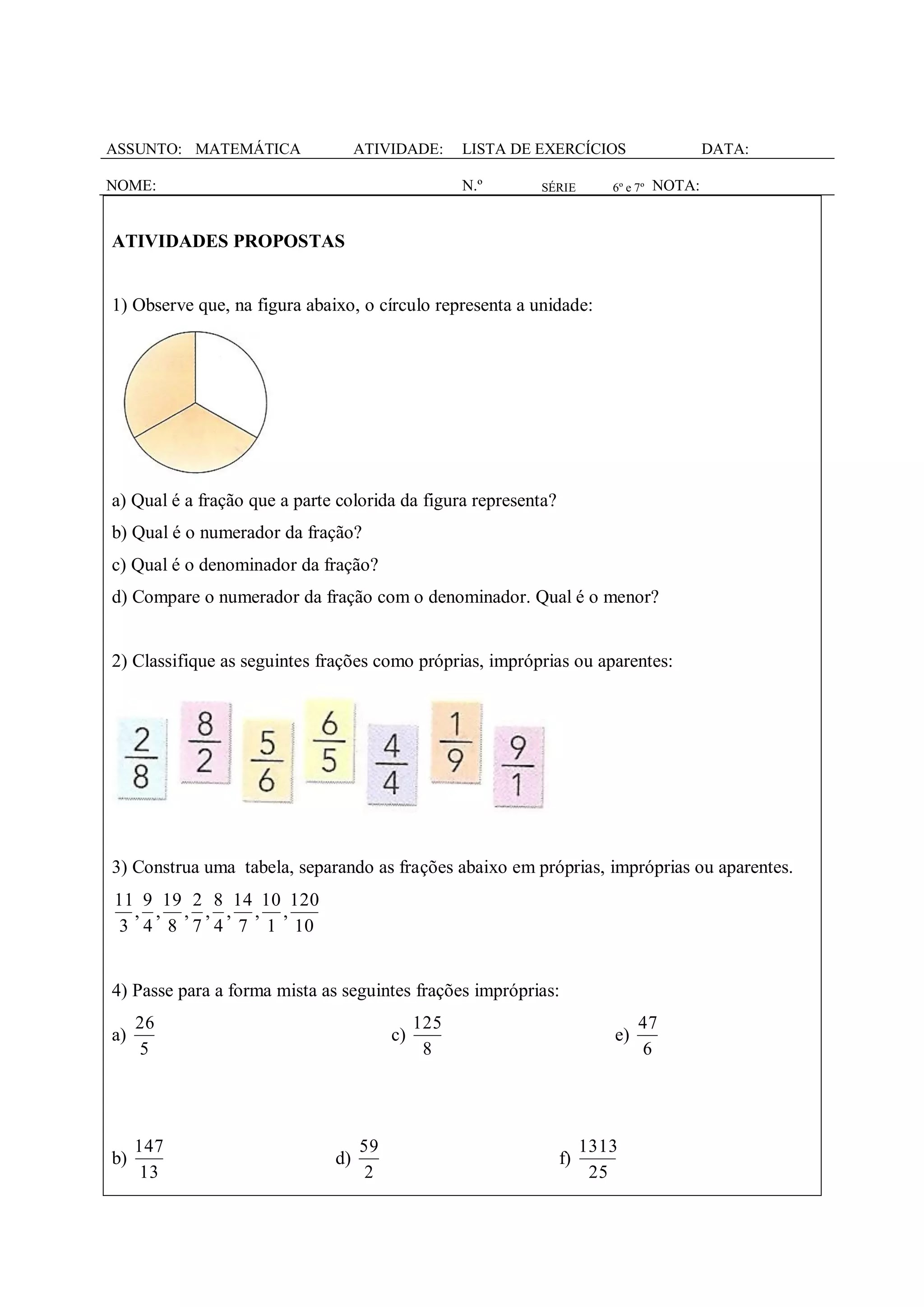 Exercícios de fração pdf