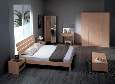 Dark Bedroom Layout with White Bed Wooden Furniture