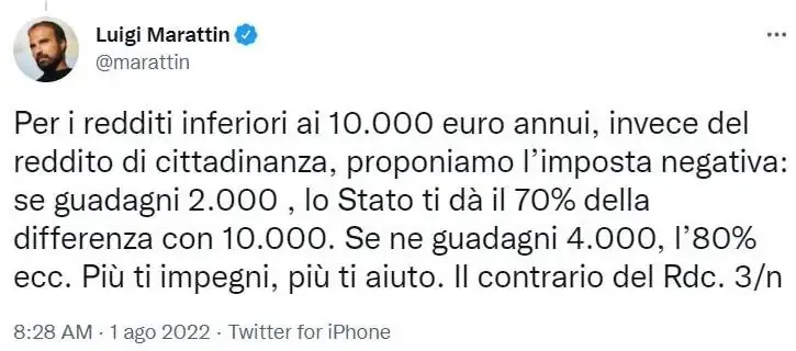 Tweet di Luigi Marattin sul Reddito di cittadinanza