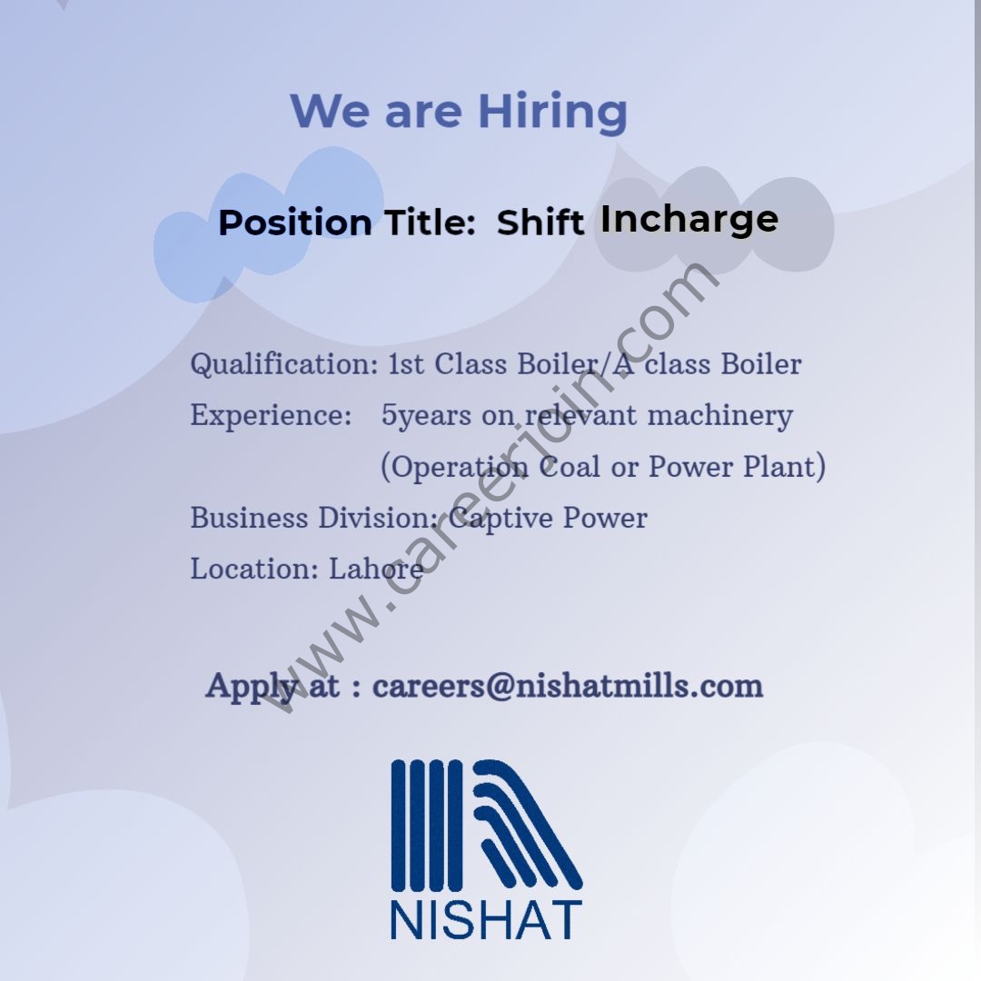 Nishat Mills Limited Jobs Shift Incharge