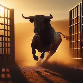 bull running out of a gate, golden hour, nikon 35, highly detailed, photorealistic, 4k - Source: Microsoft Bing Image Creator