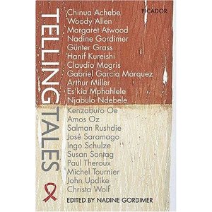 Book cover with a sort of wood-grain appearance, with the upper half appearing stained brown and the lower half appearing bleached. The title is printed vertically with a red AIDS awareness ribbon at the bottom left. The rest of the cover is a list of the names of the authors of the book, in alphabetical order.