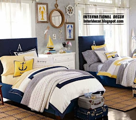 marine style teenage room design ideas, dark blue beds
