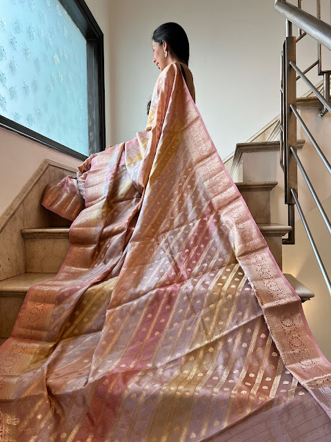 Rangkaat weave saree in Katan silk, gold pink color