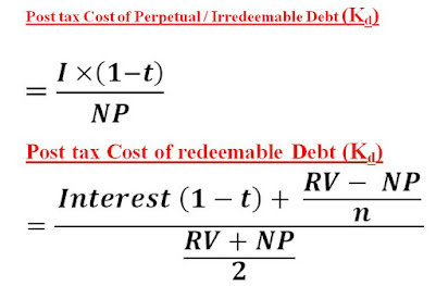 Net Proceed (NP) = Face Value or Par Value – Floatation Cost + Premium on issue – Discount on issue Net Proceed = Market Value – Floatation Cost + Premium on issue – Discount on issue Post tax Cost of Perpetual / Irredeemable Debt (Kd) = (I ×(1-t))/NP Post tax Cost of redeemable Debt (Kd) =   (Interest (1-t)+ (RV- NP)/n)/((RV+NP)/2) Cost of Irredeemable Preference Share (KP) =(Preference Dividend )/NP Cost of Redeemable Preference Share (KP) =  (PD+(RV- NP)/n)/((RV+NP)/2) PD = Preference Dividend RV = Redeemable Value Cost of Equity Share (Ke) =