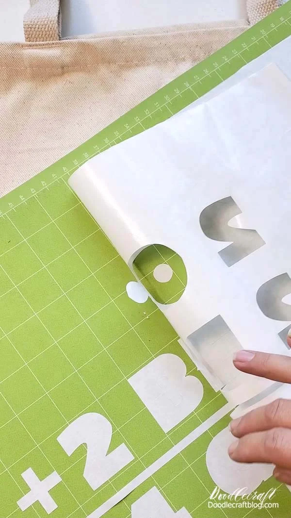 The freezer paper is amazing and has a waxy side that will adhere to the cotton tote bag with the heat of an iron.   The freezer paper becomes our stencil.   It's a really cost effective way to make a stencil, but it's delicate so remove from the mat carefully.