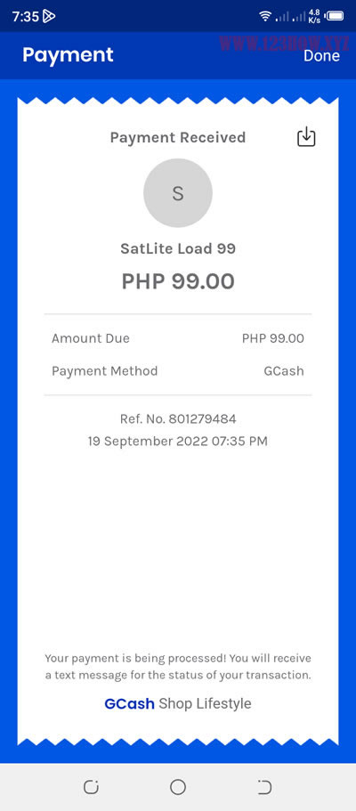 payment successful for satlite load 99 via gcash