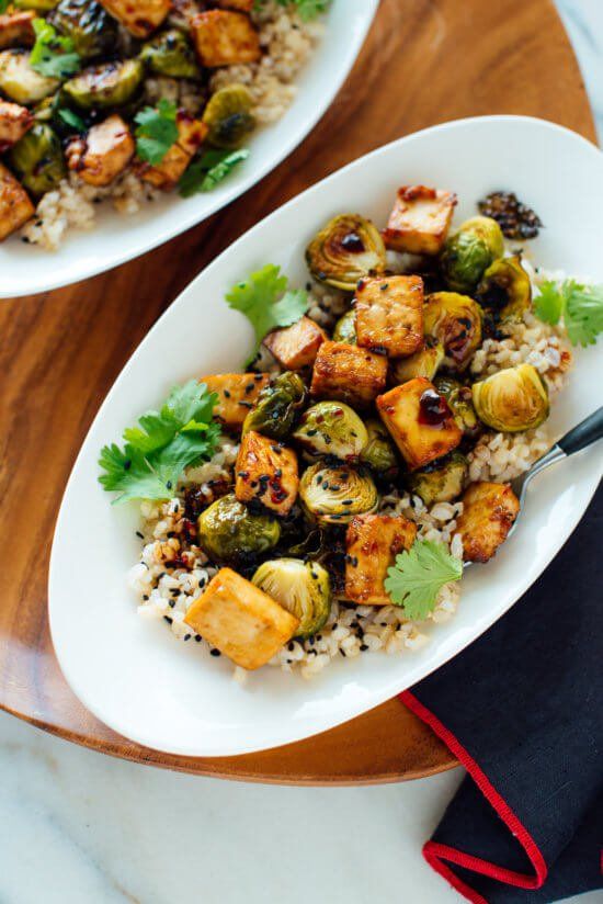 Roasted Brussels Sprouts and Crispy Baked Tofu with Honey-Sesame Glaze