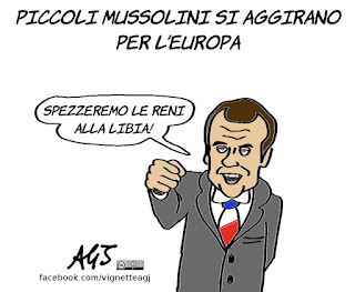 moscovici, macron, mussolini, libia, europa, vignetta, satira