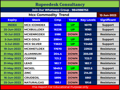 Mcx Commodity Intraday Trend Rupeedesk Reports - 12.06.2023