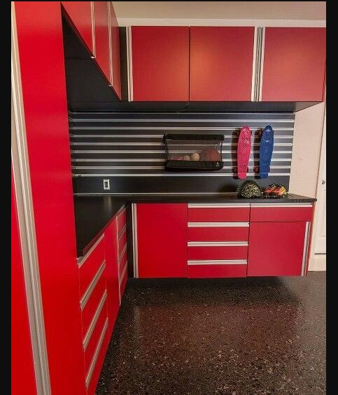 Garage Ceramic Tile with red cabinet