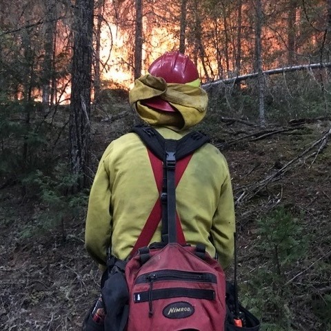 A tight shot of a wildland firefighter looking away from you at the forest in front of him. Sizing up the fire.