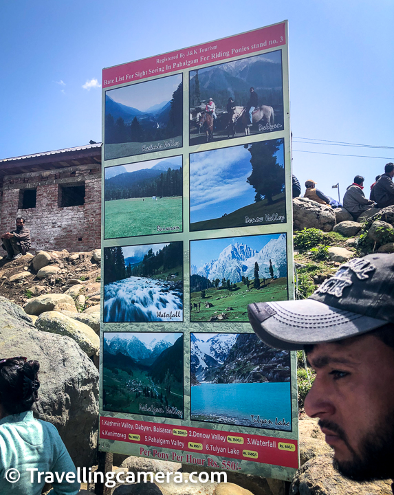 When you reach the taxi stand of Pahalgam., there is a board at the pony stand, which shows 6-7 points that pony guy is going to show you. All that is simply crap and the only thing worth seeing is last point which is a nice meadow surrounded. So keep it in your mind that you getting that pony, if you are, for that meadow. Now let me ask if you are in good health and like hiking? If answer is yes, do that and I promise you that you will have lot more fun unless you want to do a pony ride. I was super scared of that pony ride and I didn't enjoy that ride through tricky trails and the pony decides the path :).