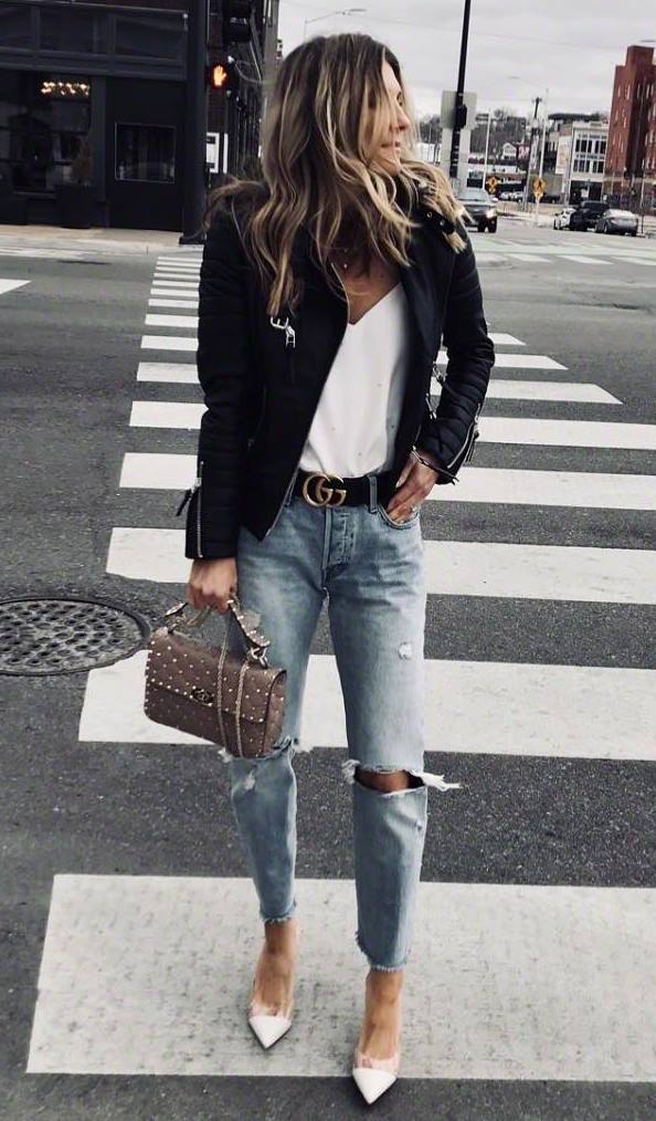 street style addict / biker jacket + bag + white t-shirt + rips + heels