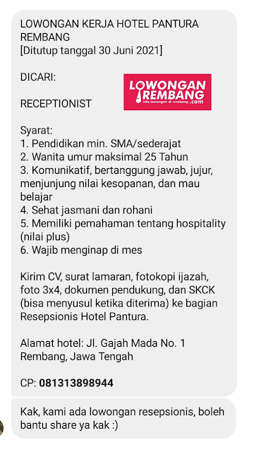 lowongan-kerja-receptionist-hotel-pantura-rembang