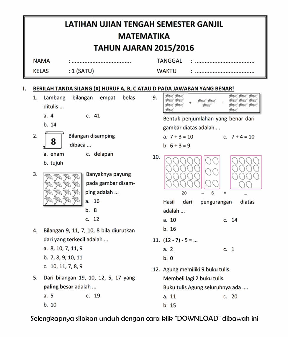 Download Soal UTS Ganjil Matematika Kelas 1 Semester 1 T.A