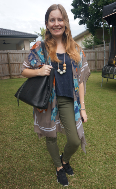brown floral kimono with neutral navy tee olive jeans sneakers outfit black tote bag | awayfromblue