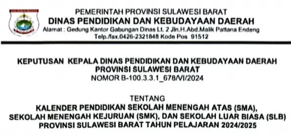 Kalender Pendidikan Provinsi Sulawesi Barat Tahun Pelajaran 2024/2025