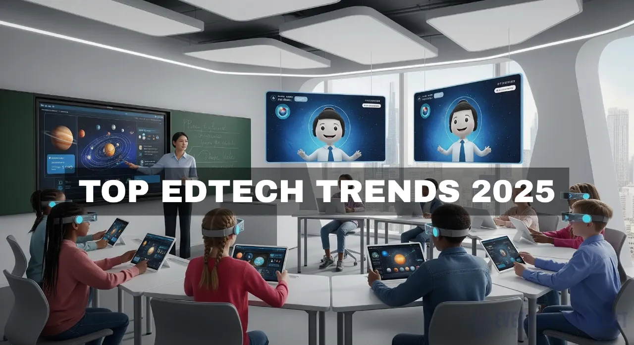 “Futuristic classroom with AI, VR, and digital learning tools in use.”