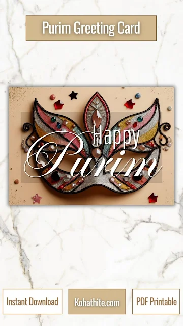 Happy Purim Greeting Card Printable PDF | Party Mask Multicolor Calligraphy Minimalist Design Image 4