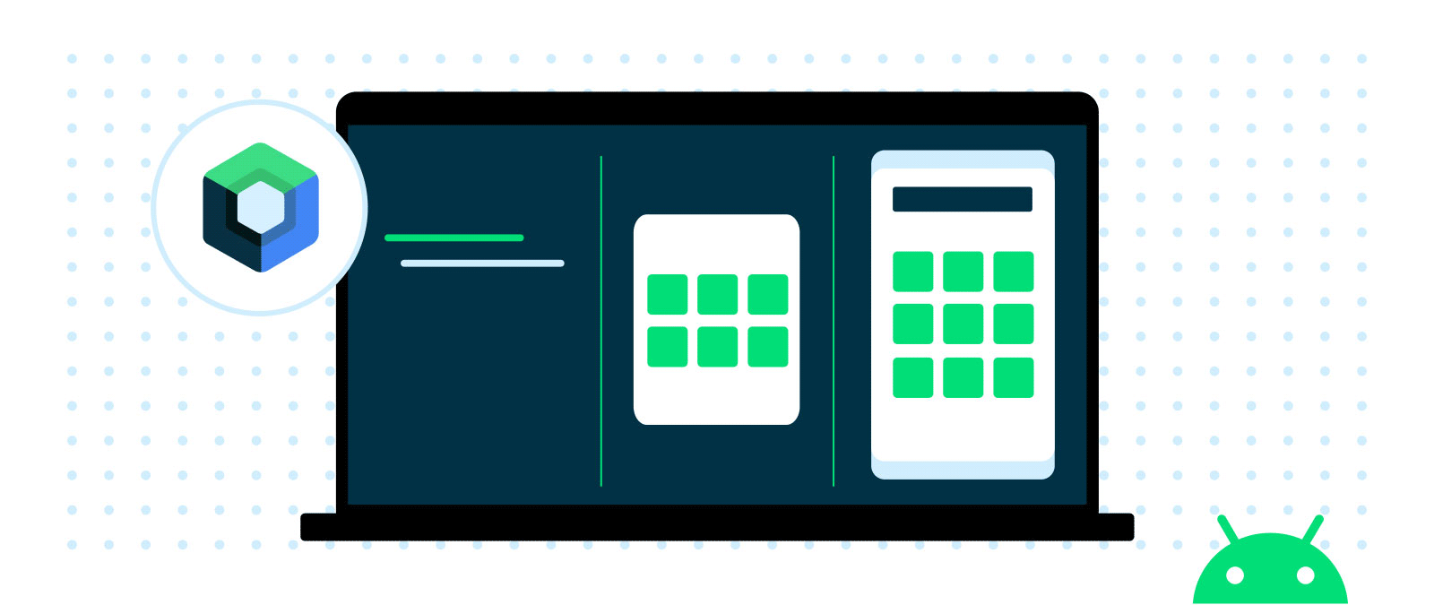 Moving image showing lines of code that appear and disappear on the leftmost panel of the screen. The spacing between the boxes in the center panel changes, and the overall app view reflects these changes in the rightmost panel.