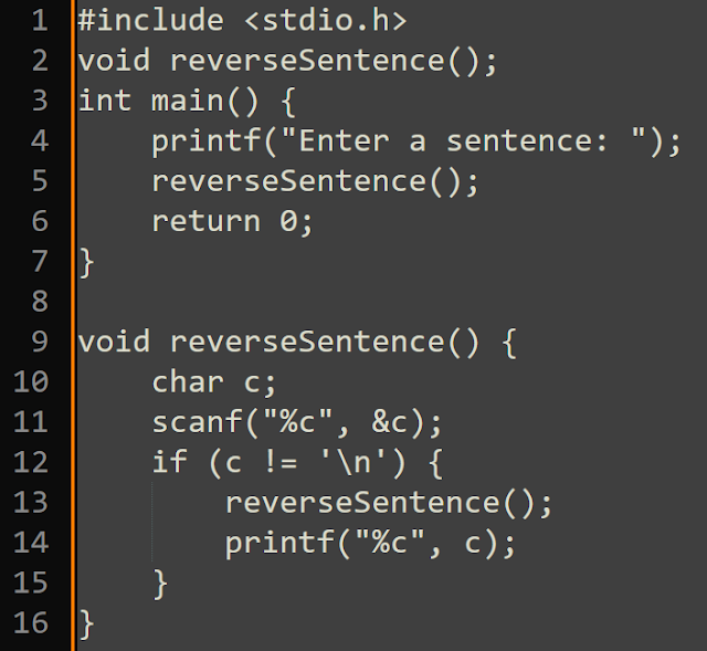 C programming, Invert the order of words in a sentence using a recursive function.